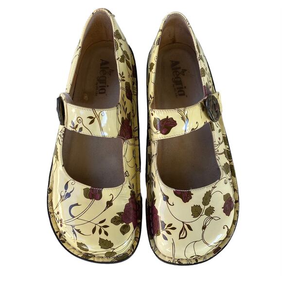 Alegria Clogs Mary Jane Strappy Floral Shoes Patent Leather Cream Green Women 41 - Picture 4 of 9